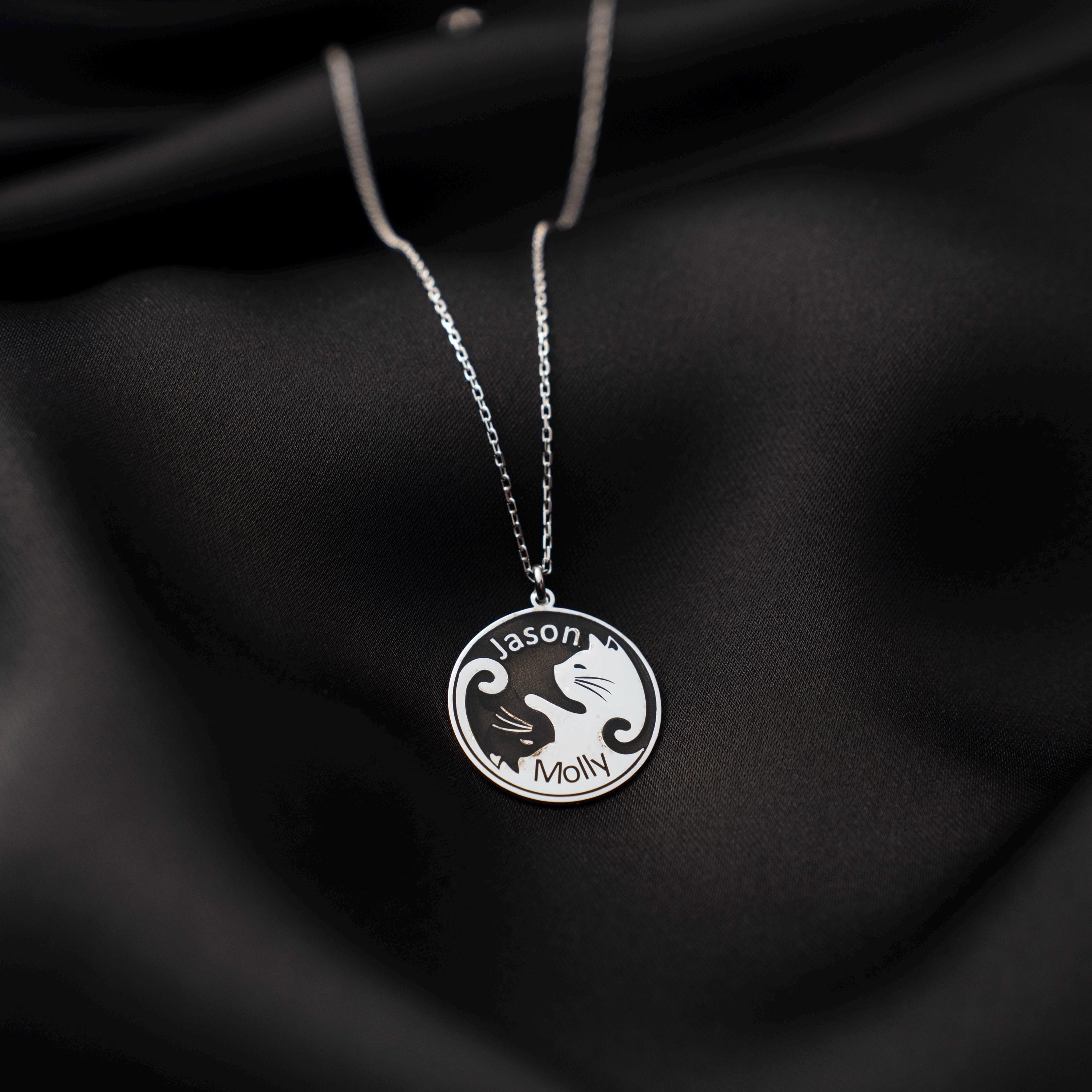 Whimsical Yin-Yang Cat Necklace - Custom Couple Name Pendant in 925 Silver, Engraved Gift for Cat Lovers