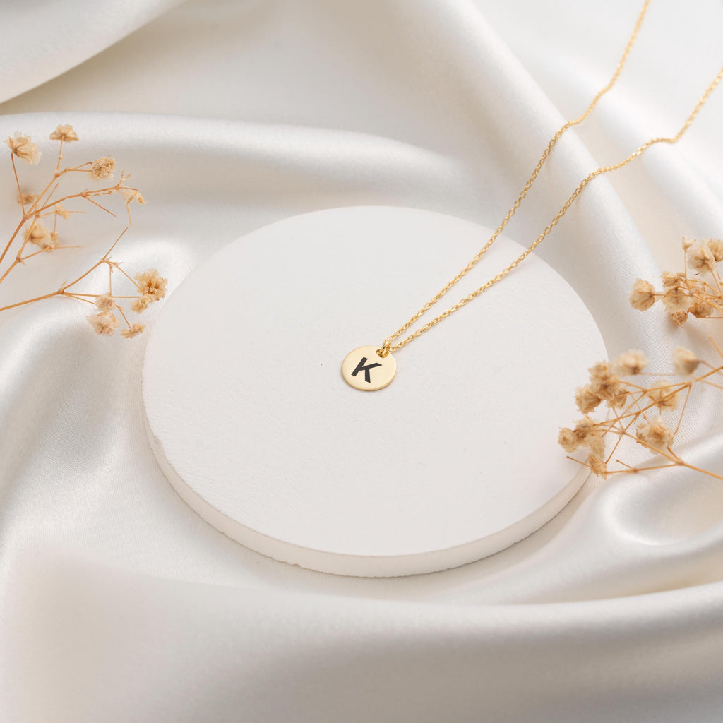 Dainty Custom Letter Necklace - Stylish Gold Initial Disc on Silver Chain