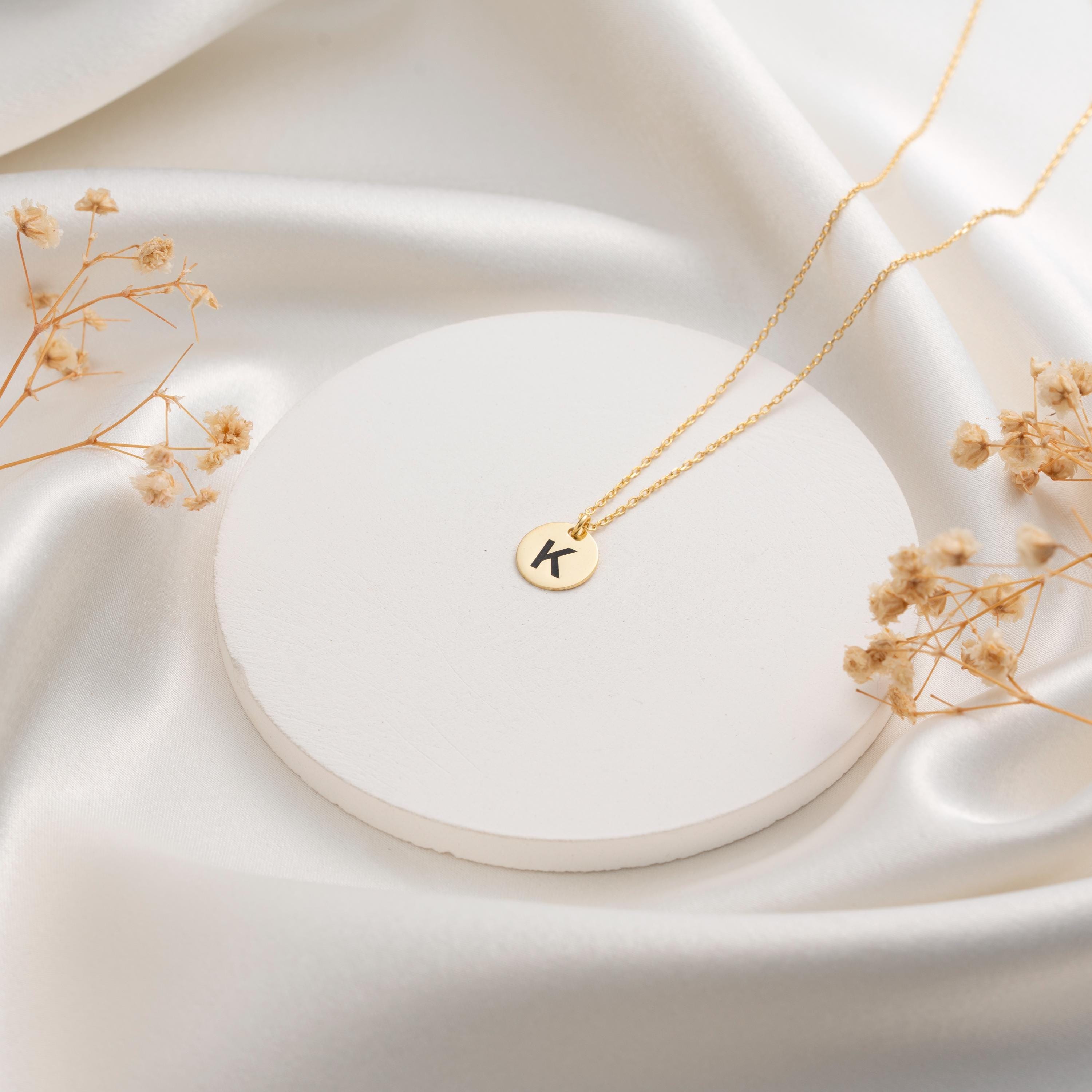Dainty Custom Letter Necklace - Stylish Gold Initial Disc on Silver Chain