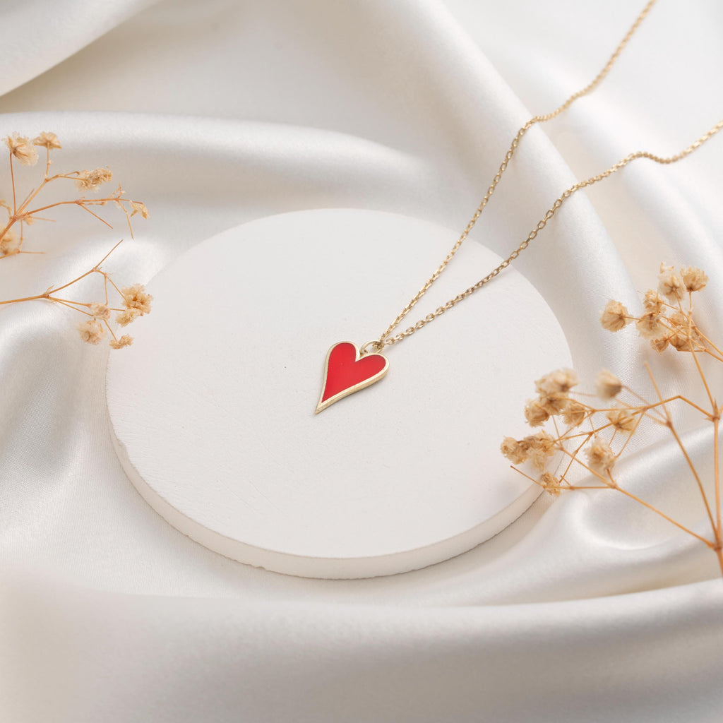 Red Heart Pendant Necklace – Custom Love Necklace Gift for Her, 18K Gold Plated